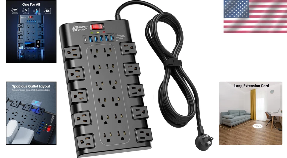 Extension Cord 10 Ft, Power Strip Surge Protector - Image 2 of 4