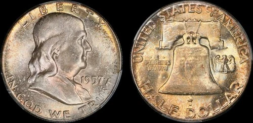 1957 Franklin Half PCGS MS66+ Rainbow Toned