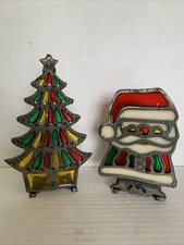 Vtg Tiffany Style Stained Glass Christmas Tree & Santa Candle Holder Cast Iron