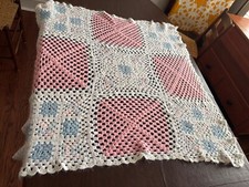 VINTAGE BLUE PINK CROCHETED BABY AFGHAN 44 x 44"