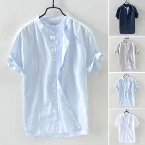 Modernes kurzärmeliges Leinenkleid Shirts kragenlos lässig lockeres Oberteil T - Bild 1 von 25