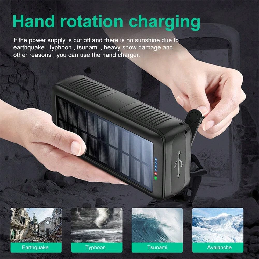 30000mAh Solar Power Bank with Hand Crank and Built-In Cables