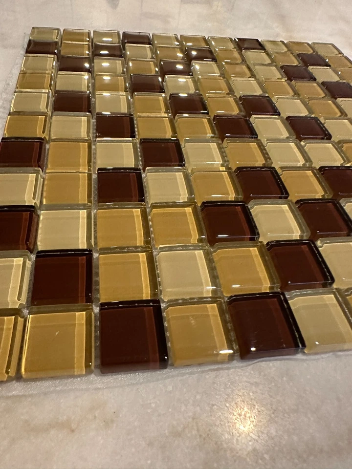 Dark Beige Mix Glossy Glass Mosaic 1"x1" Stacked Mesh Mounted - Image 3 of 4