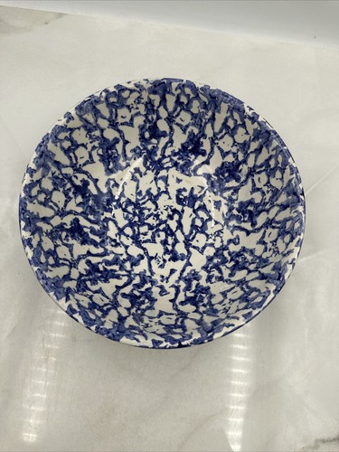 VTG Spongeware Pottery Serving Bowl Stoviglierie Blue White Italy 10" Diameter - Picture 2 of 9