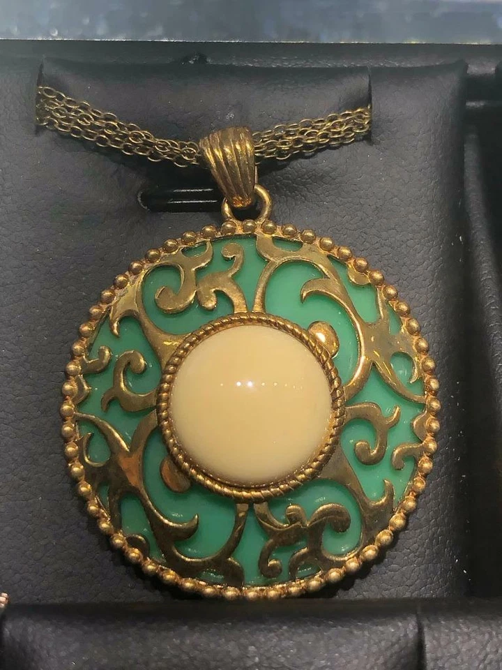 Collar halo disco grande resina azul y blanca de plata de ley de oro amarillo de 18 quilates regalo