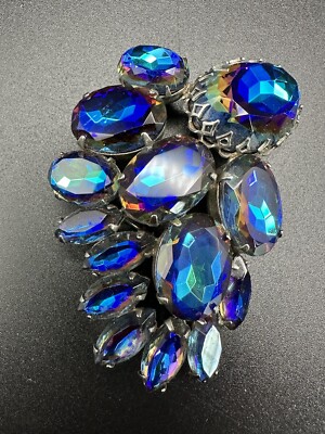Rare! Unsigned Schiaparelli Large Vintage Bermuda Blue Bicolor Rhinestone Brooch