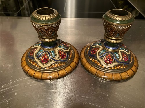 JAY STRONGWATER ARABESQUE ENAMEL CRYSTAL TAPER CANDLE STICK HOLDER SET of 2 - Picture 18 of 23
