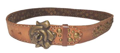 Vintage Studded Belt Brown Leather Gunmetal Floral 