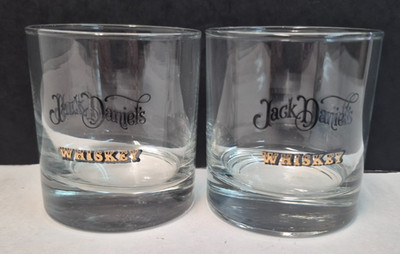 JACK DANIELS WHISKEY ROUND LOW BALL GOLD ETCHED GLASSES SET OF 2 RARE