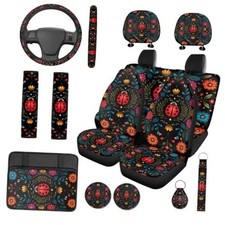 Car Seat Covers Front and Back 14 Pack with Soft Car Armrest Floral Ladybug