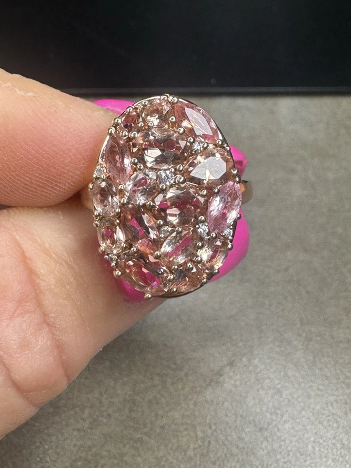 Кольцо с кластером из белого циркония с румянами турмалином. Розовое золото из чистого серебра - Изображение 4 из 4