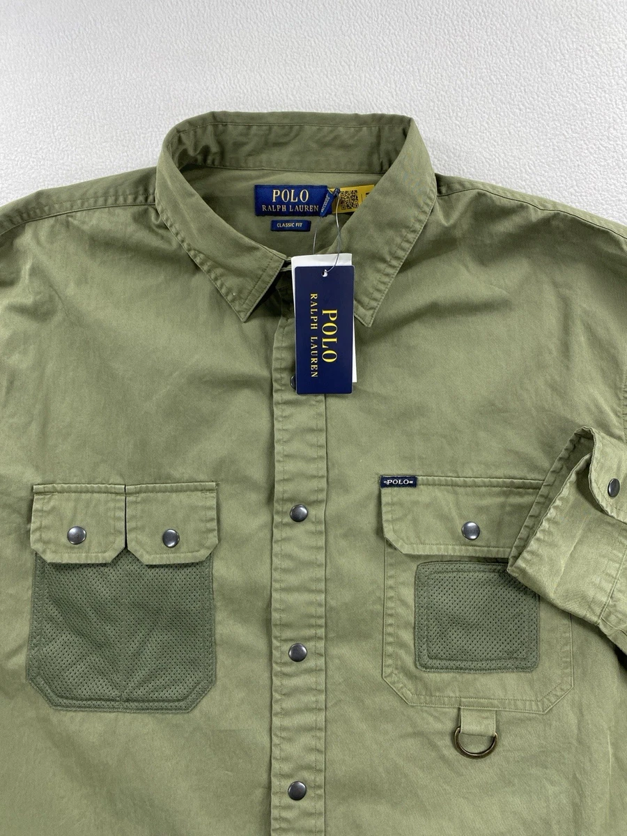 Polo Ralph Lauren Para Hombres Sarga Camisa Utilitaria Para Hombre XL Verde Calce Clásico A Presión NUEVA