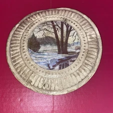 Vintage Stove Pipe Chimney Flue Cover Tin Plate Winter Scene Farmhouse Primitive