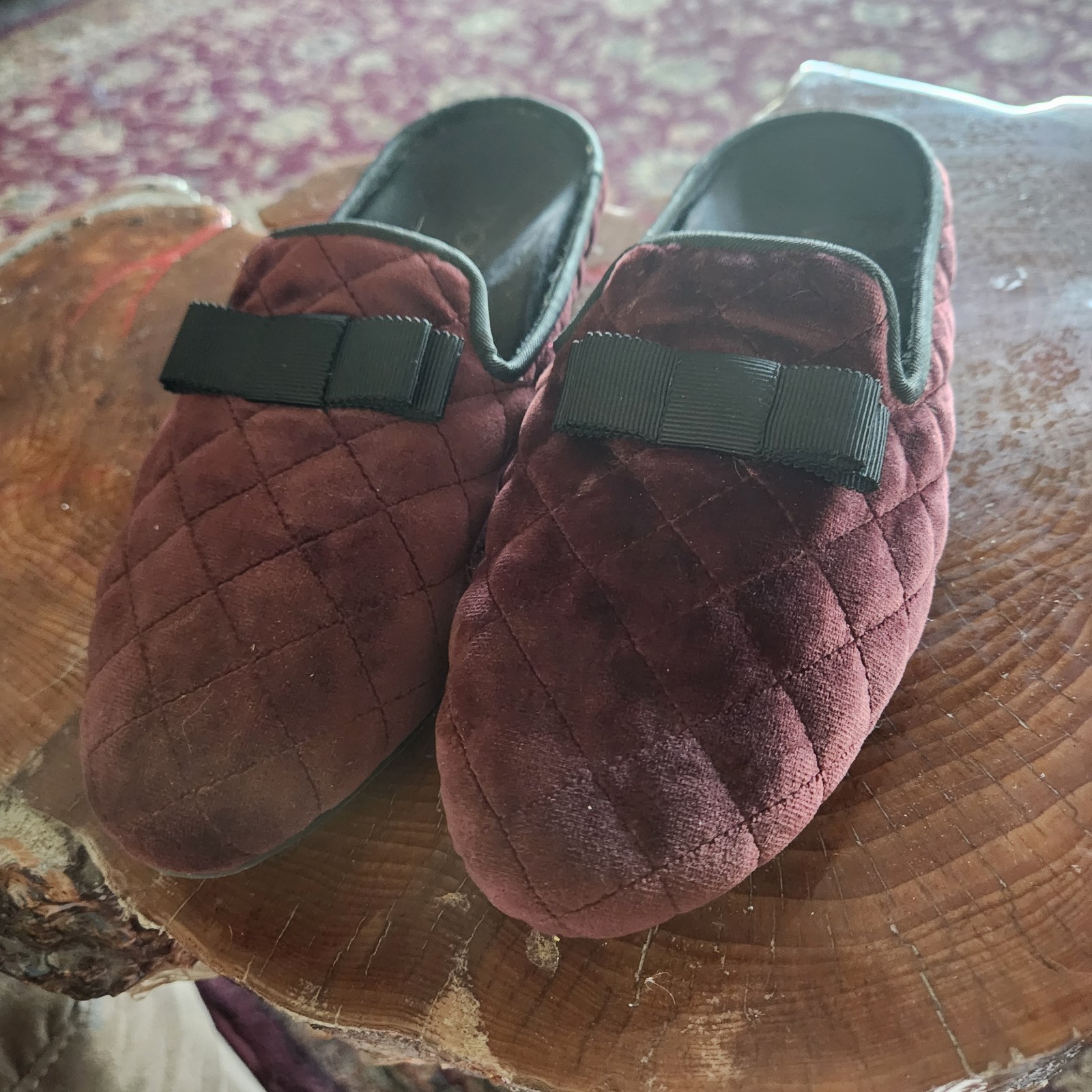 Womans Velour Vionic Eloise Mules Maroon With Bow Slip On Slippers  Size 6 1/2
