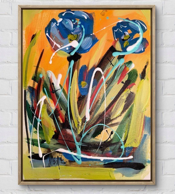 MARIA ELIZABETH Blue Floral 14x11 CANVAS BOARD Original Abstract Modern Home Art