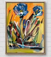 MARIA ELIZABETH Blue Floral 14x11 CANVAS BOARD Original Abstract Modern Home Art