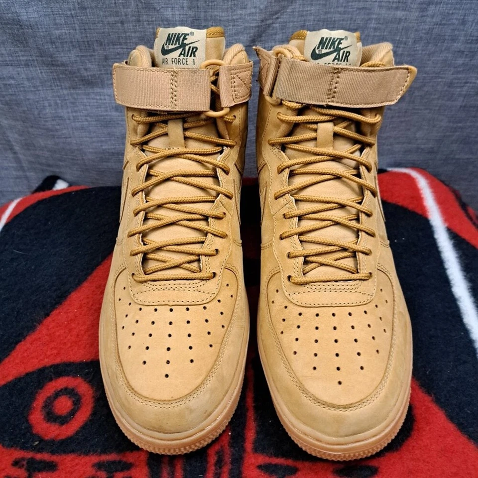 Size 9.5 Women’s NIKE AIR FORCE 1 HI HIGH PREMIUM PRM FLAX-WHEAT 654440-200 2016 - Image 3 of 4