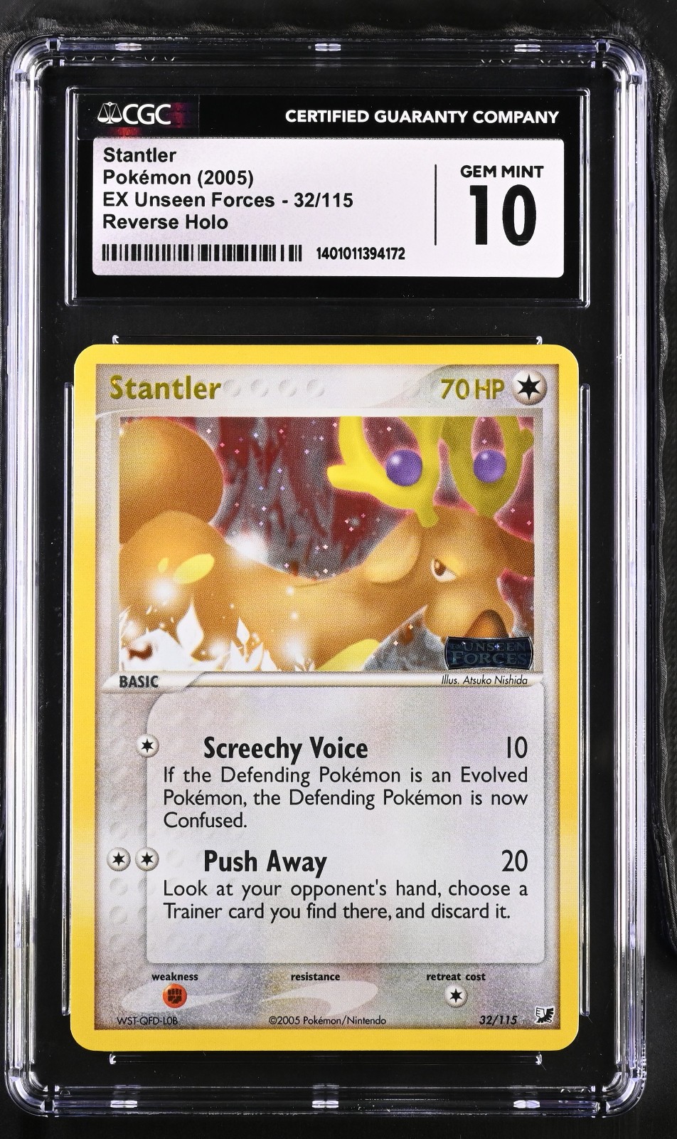 CGC 10 Gem Mint Stantler EX Unseen Forces 32/115 Reverse Holo Stamp Pokemon Card