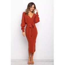 Petal & Pup Bambina Sweater Dress Womens 10 Rust Ribbed Knit Wrap Belted Midi LS