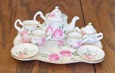 Vintage Crown Victorian Bone China Child's Miniature Tea Set Pink Rose, England