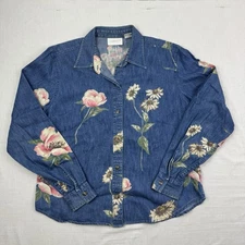 Vintage Liz Claiborne Floral Button Up Shirt Womens Large Denim Flowers Y2K 