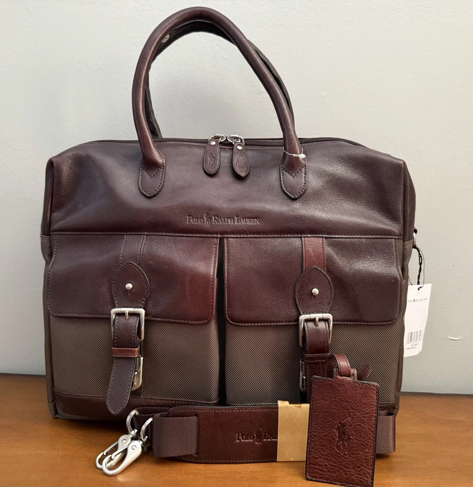 De Colección Polo Ralph Lauren Hombres Maletín Cartera Bolso Oliva Nylon Cuero Marrón Nuevo con Etiquetas Foto 2 de 4