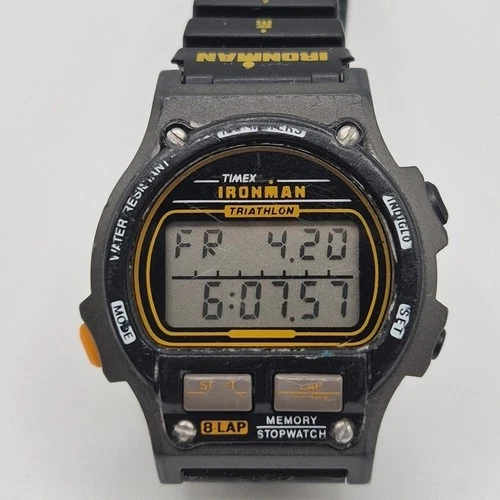 VTG 80s Timex Ironman Triathlon Watch Digital Black Orange Indiglo 8 Lap Alarm