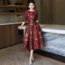 Chinese Style Autumn Womens 2025 Jacquard Round Neck Mid Sleeve Long Party Dress