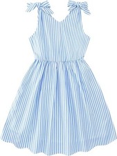 Enlifety 7-8yrs Girls Dresses Sleeveless Summer Dress Bowknot Strap V Neck Blue