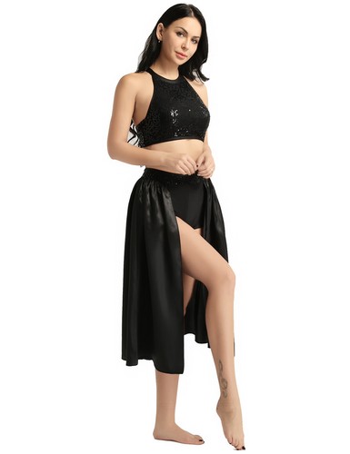 Women Sequined Lyrical Contemporary Ballet Dance Crop Top Outfits Costume Skirts - Picture 6 of 65