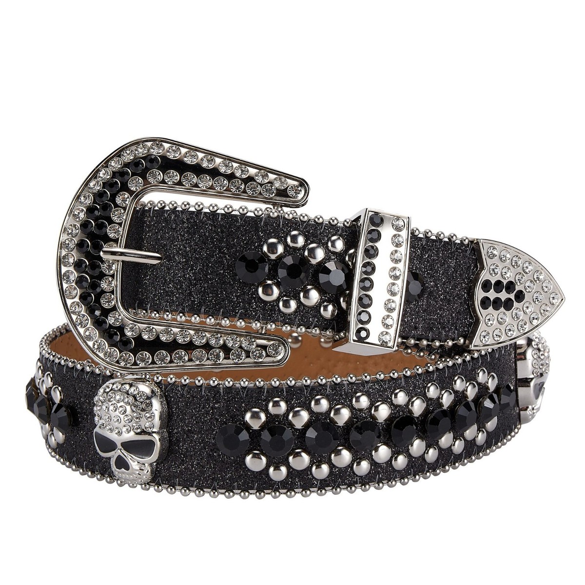 Black Leather Women Western Fashion Belt W/ Skull Logo Bling Rhinestones  Crystal