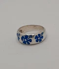 Hibiscus Ring Blue Enamelled Size O 925 Silver Beach Jewellery Y2K Vintage NOS