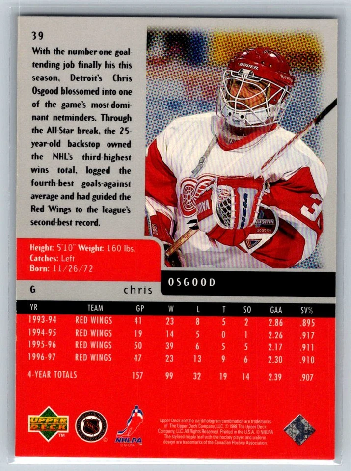 1997 Upper Deck Black Diamond #39 Chris Osgood Detroit Red Wings - Image 2 of 2