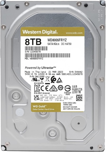 Western Digital WD Gold 8TB Hard Disk Classe Enterprise 3.5" 7200 RPM WD8005FRYZ
