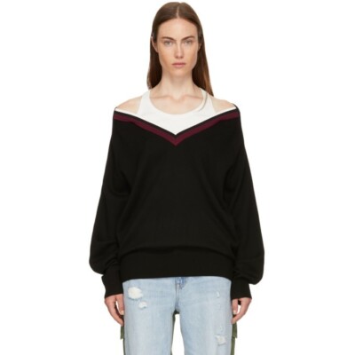 T ALEXANDER WANG schwarzer zweilagiger Wollpullover mit V-Ausschnitt V-Ausschnitt Damen Large