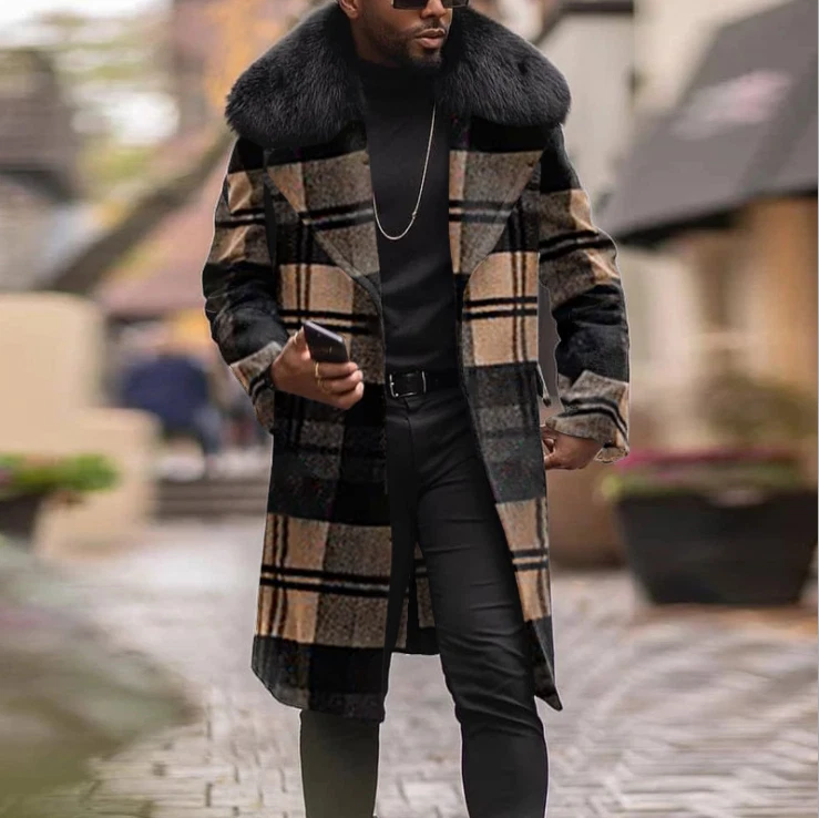 Winter Men's Plaid Woolen Mid-length Coat Loose Winter Coat Jacket