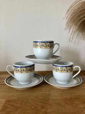 Lot de 3 tasses à café et soucoupes en céramique bleue et jaune - Photo 1/4