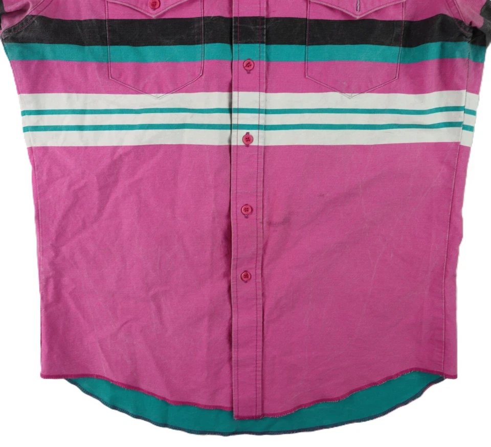 VTG 90s WRANGLER USA Men’s 33 Pink Teal Striped Button Up Brushpopper Shirt - Image 2 of 4