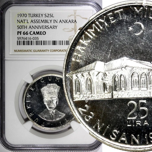 Turkey Silver PROOF 1970 25 Lira NGC PF66 CAMEO Ankara TOP GRADED KM# 897 (035)