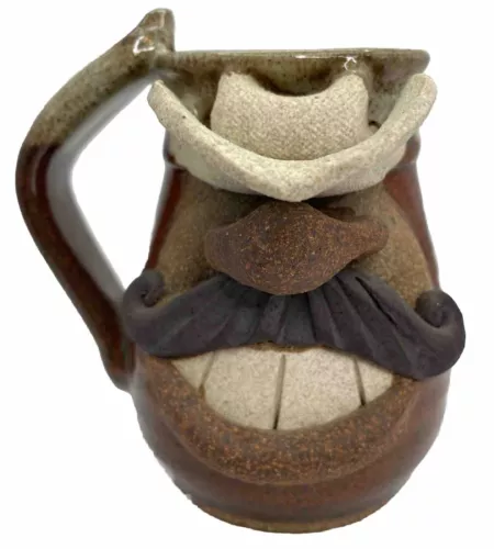 Handmade Eakin Pottery Stoneware Mug Funny Ugly Face Cowboy Caricature Whimsical
