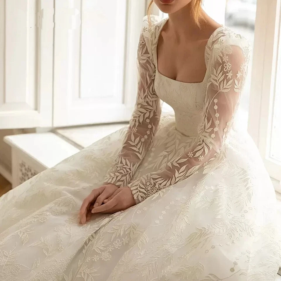 Elegant Detachable Long Sleeve Lace Wedding Dress A Line Square Neck Bridal Gown - Image 3 of 4