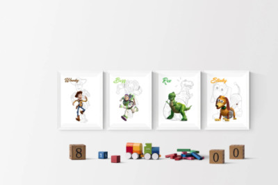 Disney Toy Story Zeichnung 4er Set Drucke Bilder Wandbilder Poster 