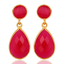 Pink Chalcedony Gemstone Yellow Gold Plated 925 Silver Teardrop Earrings