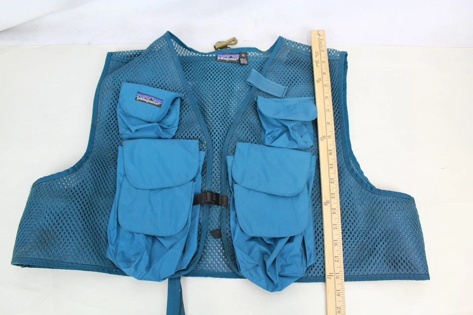 Chaleco de pesca con mosca de malla Patagonia vintage para hombre XL azul verde azulado bolsillo utilitario Foto 3 de 4