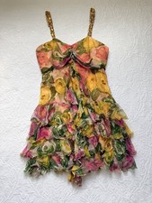 Spanish Designer Floral Silk Ruffled Dress L