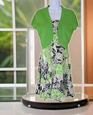 Madison Leigh Midi Sundress 8 Green Black Floral Fit n Flare w/Shrug Built Bra