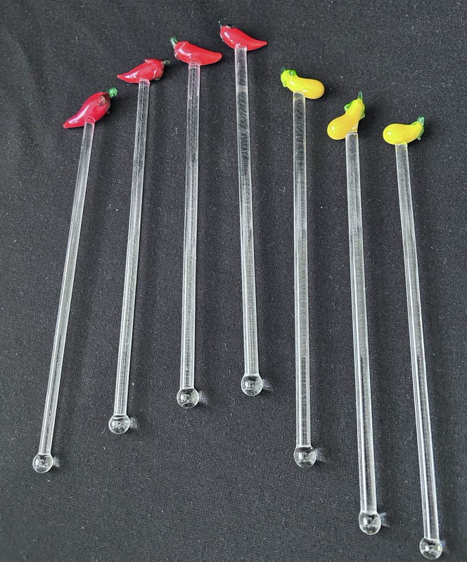 7 Hand Blown Chili Pepper Glass Cocktail Swizzle Stirrers Drink Barware Bar 8"