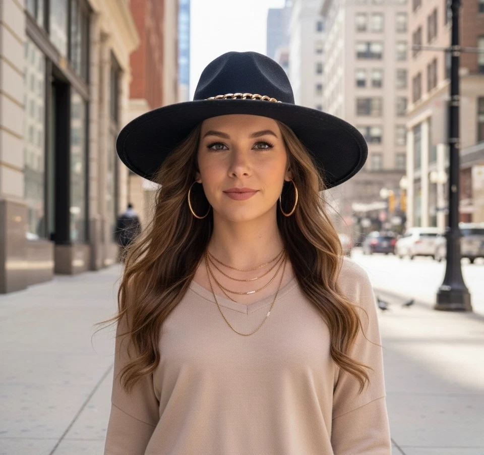 Sombrero Fedora Forever 21 de fieltro negro con acento de cadena dorada - Nuevo con etiquetas, ala ancha, boho Foto 2 de 4