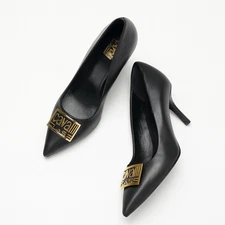 Roberto Cavalli Class Black Leather Stiletto Heels Gold Logo Buckle Party Pumps