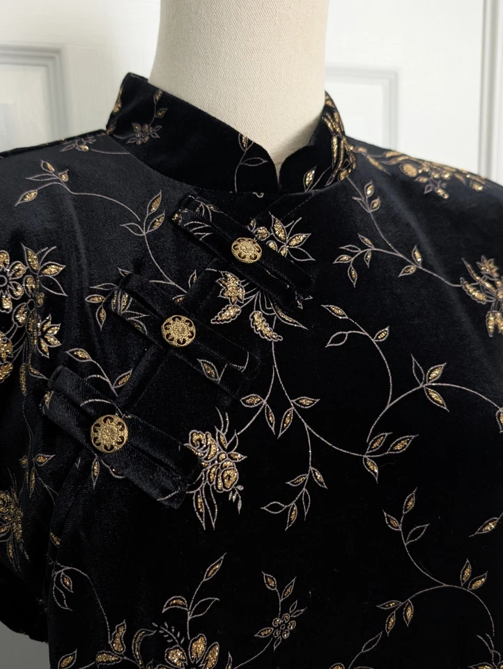 Vestido Sheri Martin Talla 14 De Colección Años 90 Cheongsam Qipao Negro Terciopelo Brillo Grunge  Foto 3 de 4